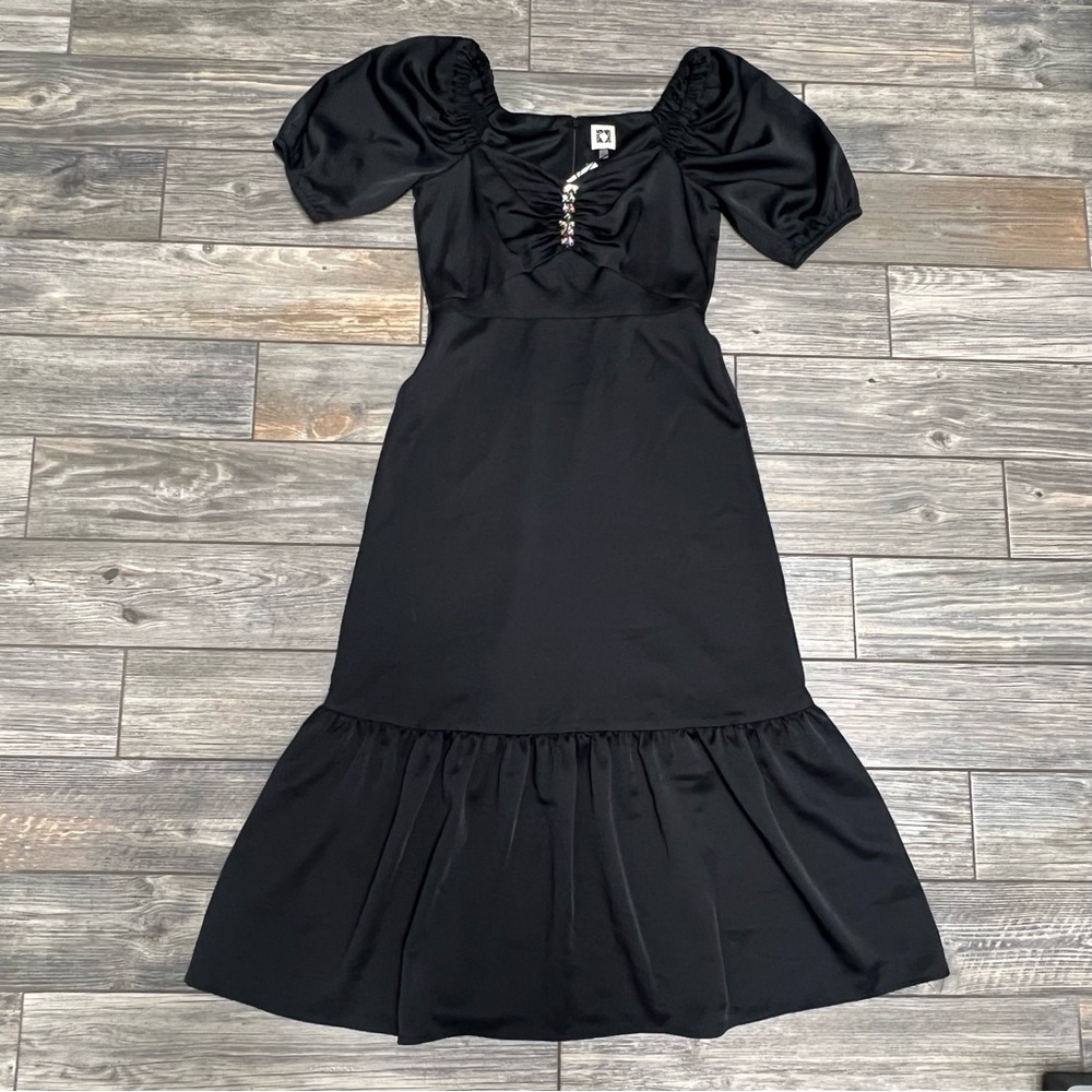 NWT $139 Anne Klein Women's Dress Sz 2 Rhinestone Puff-Sleeve Midi Satin Holiday - Picture 3 of 12